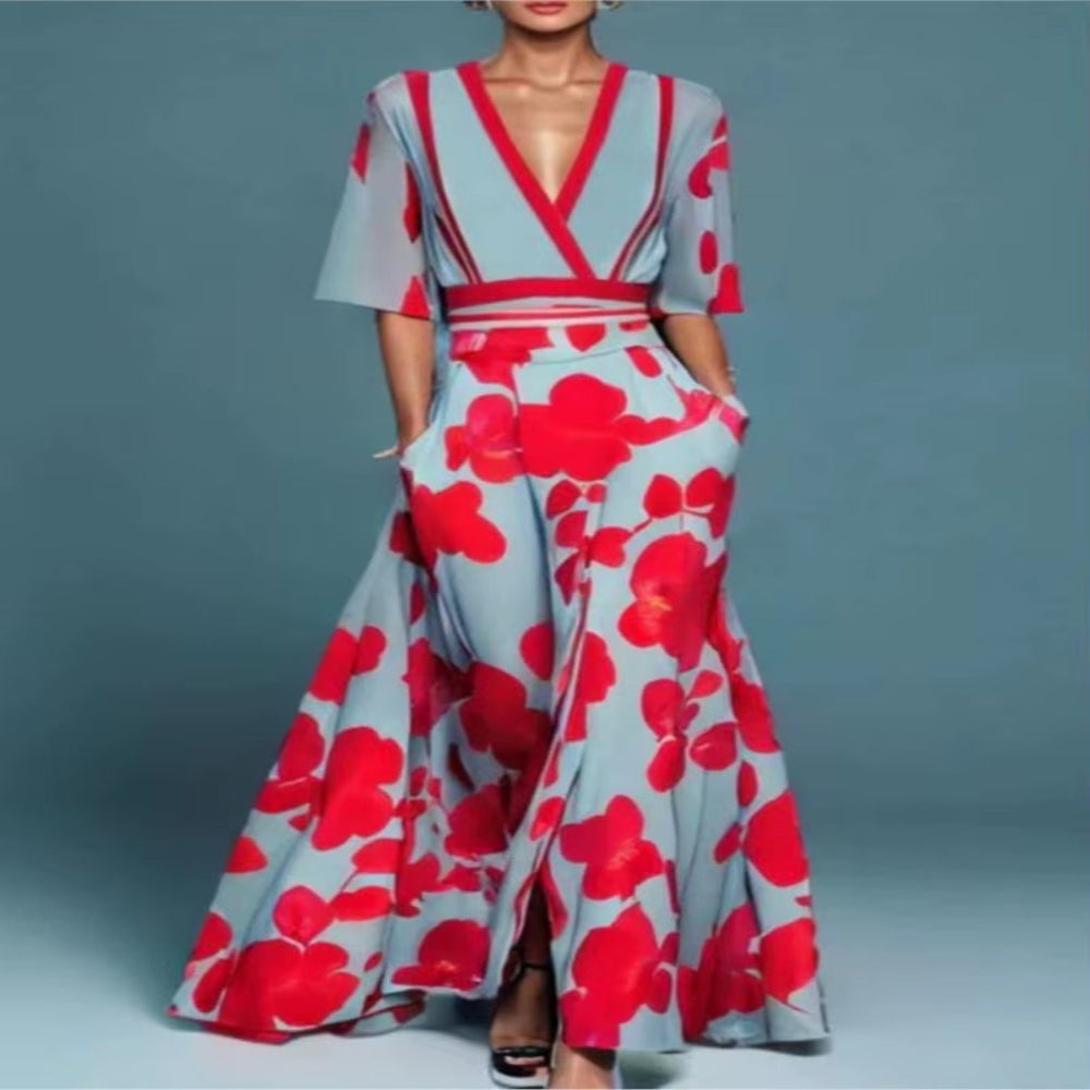 2024 Women'S Spring Autumn New Fashionable Printed Sexy Deep V-Neck Shrink Fold Belt Temperament Commuter Short Sleeved Dress